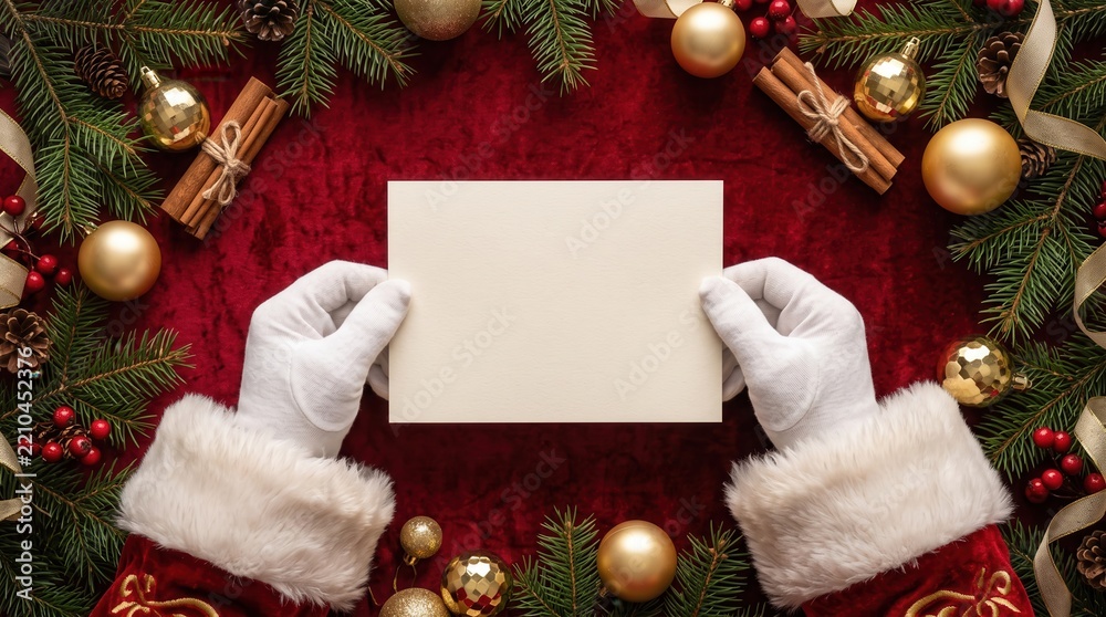 Fototapeta premium Santa Claus hands holding blank greeting card over red velvet with festive decorations, capturing a Christmas holiday mockup for seasonal marketing and invitation design.