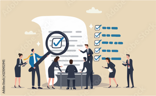 Inspect or review document, report legal audit, quality assurance, search for document, information or research, investigate, proof or checking concept, businessman magnifier inspect document