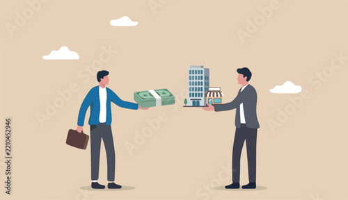 Company buyout, acquisition agreement selling company offer merger, franchise business concept, businessman offer money buy hand offer into company shop building