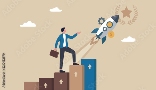 Boost rocket to business growing fast, investment growth, start launch new business, innovation boost success, rising up a improvement concept, businessman on growth chart launching rocket