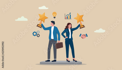 Professional or expert who is success win award best office employee specialist with skills achieve goal concept, success businessman or businesswoman professional stand with star award
