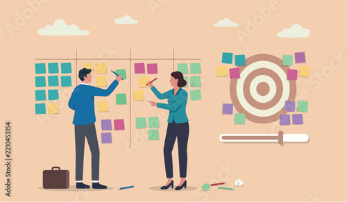 Business brainstorming meeting target solution to solve problem or scrum agile method concept, businessman and woman coworkers, colleagues holding pencil with sticky notes on the wall