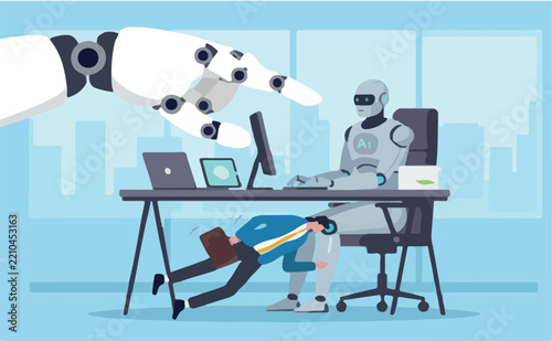 AI Artificial Intelligence or replace human job, lay off or fired employee using AI substitution, innovation or tech evolution, robot hand push away human to replaced with AI artificial Intelligence