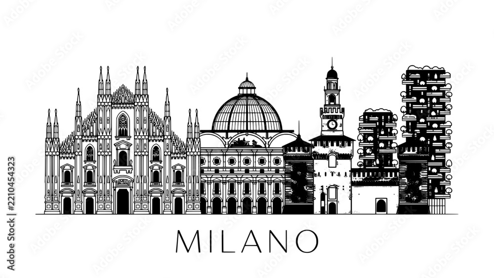 Obraz premium Milan skyline silhouette - black and white vector illustration of Italy landmark