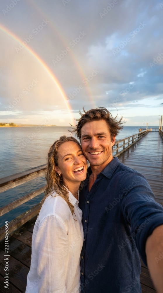 Fototapeta premium Happy couple taking a selfie on a wooden pier beneath a double rainbow