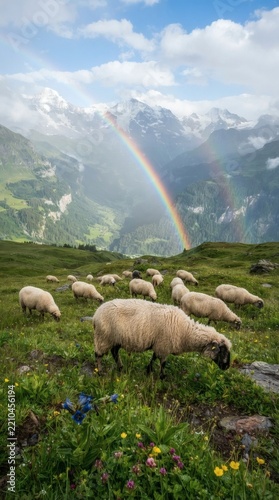 Flock of sheep grazing in a green alpine meadow with a rainbow over snowy mountains