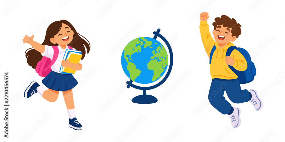 Fototapeta premium two cheerful schoolchildren celebrating the back to school vibe