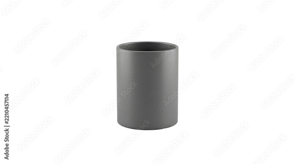 Fototapeta premium Minimalist matte grey cylindrical vase or container stands isolated on a plain white background, perfect for modern interior design concepts.