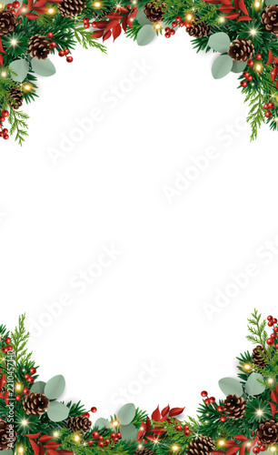 Christmas vertical social media story template with garland border and corner decoration. Seasonal foliage, eucalyptus for winter wedding. Transparent background in vector file.