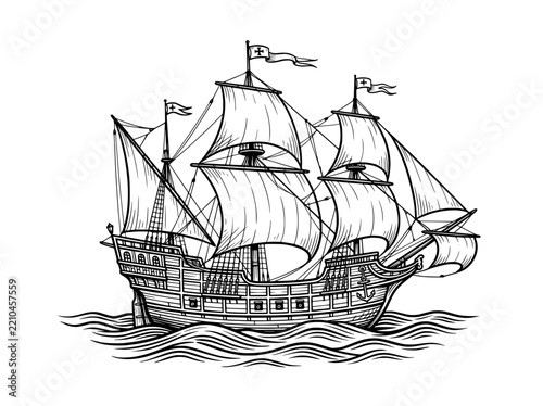 Vintage sailing ship illustration, vintage wooden galleon on ocean waves, hand drawn pirate vessel line art vector clipart