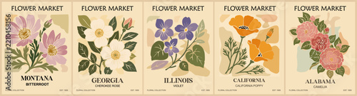 Vintage floral posters showcase U.S. State flowers. Each design pairs blooms with state names in elegant script. Soft watercolor hues give nostalgic, gentle charm. Perfect for decor, travel themes