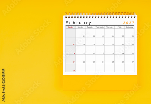 February desk calendar for 2027 year. Blank calendar for your appointment or reminder.
