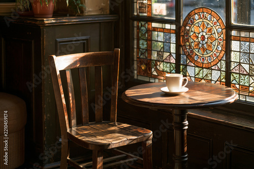 Cozy cafe window with stained glass and morning light
