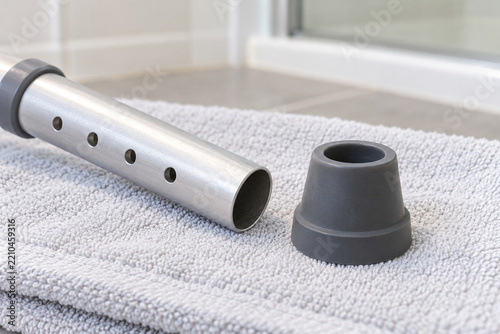 Replacement rubber foot aligned with shower chair leg