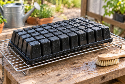 Reusable seedling tray washed before new planting