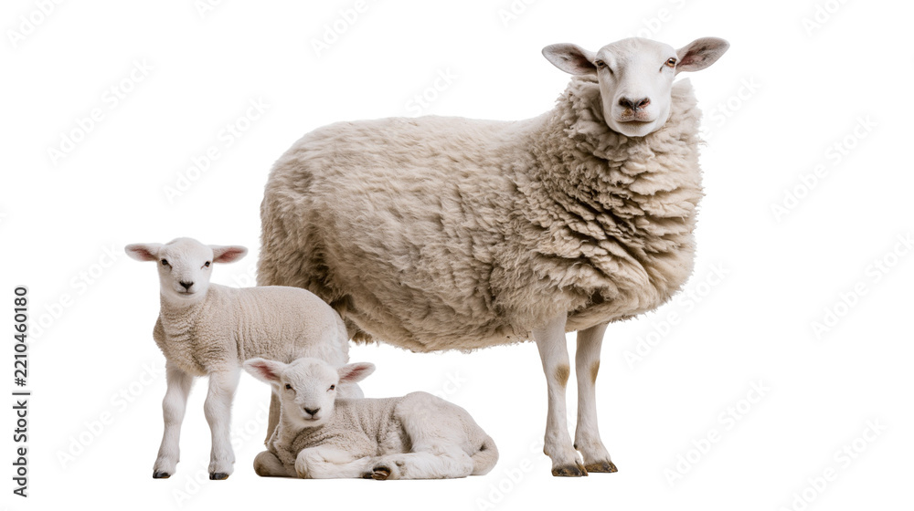 Obraz premium Fluffy white sheep with two young lambs, isolated on transparent background