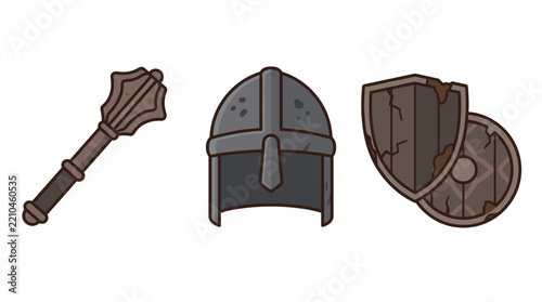 Medieval mace helmet and wooden shield equipment set.
