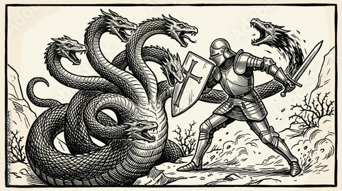 Medieval knight fighting multi headed hydra dragon mythological beast.