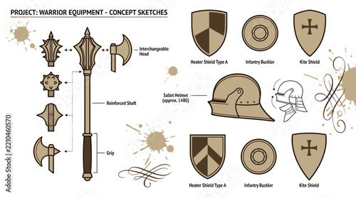 Medieval warrior equipment concept sketches of maces axes and shields.