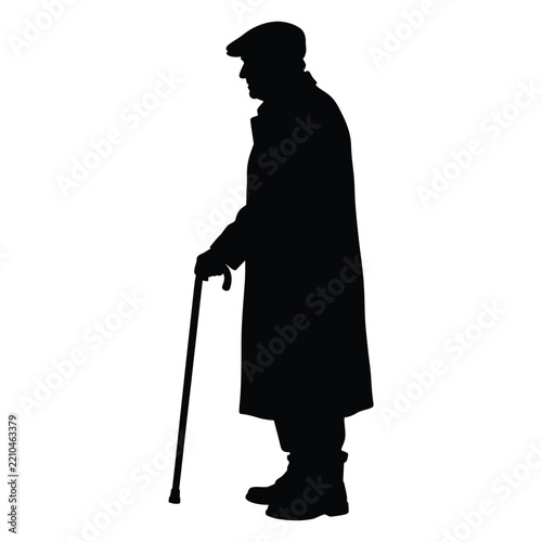 Black silhouette of an elderly man wearing a flat cap and winter coat.