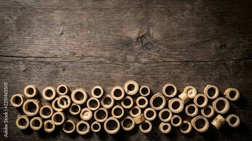 Scattered bamboo nodal rings on a rustic dark wooden background