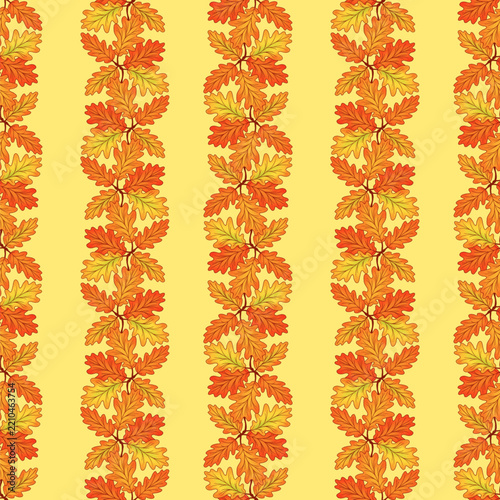 Seamless autumn pattern. Wallpaper featuring intertwined oak leaves on a pale yellow background. Vector illustration of an autumn pattern.