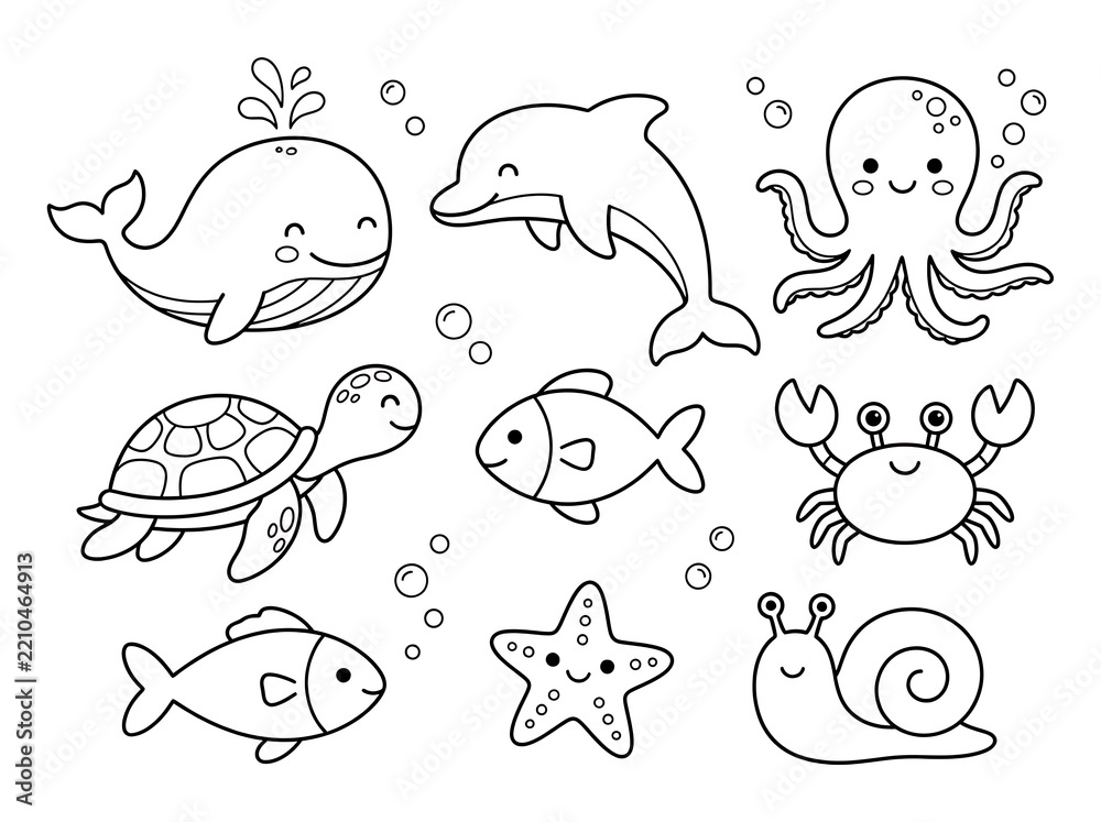 Obraz premium Cute Sea Animals Coloring Page for Kids featuring Whales, Dolphins, and Octopuses in Line Art Style for Educational Activities and Children Books