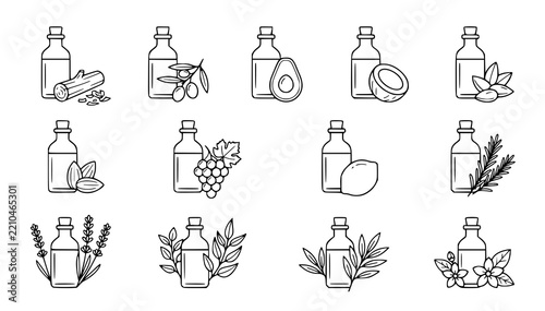 Natural Essential and Carrier Oils Botanical Vector Icon Collection