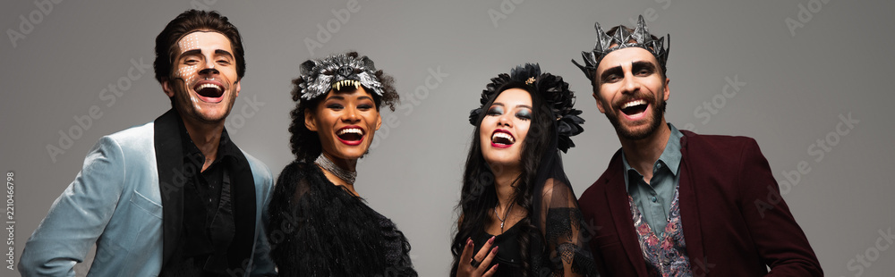 Obraz premium Multicultural friends celebrate Halloween with costumes at a lively party, banner 