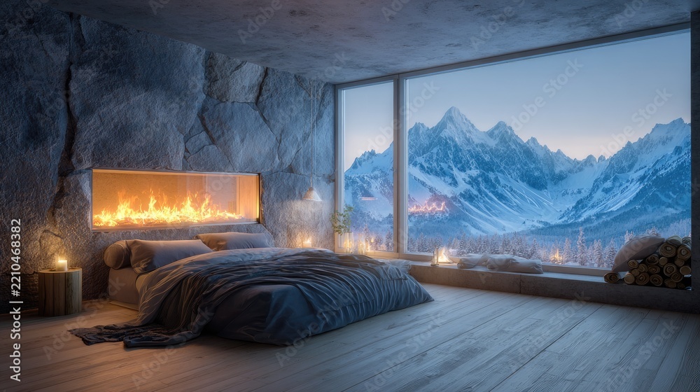 Naklejka premium Cozy bedroom interior with fireplace and panoramic mountain view