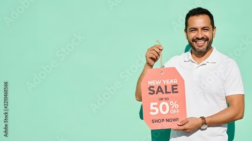 Smiling man holding large new year sale tag against mint green background