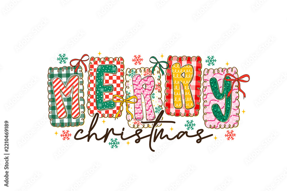 Fototapeta premium Merry Christmas lettering typography with patterned letters, snowflakes, and festive bows Sublimation Design