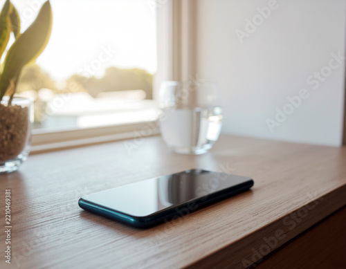 sleek black smartphone lying on a light wood windowsill beside a glass of water and potted plant with warm sunlight streaming through the window