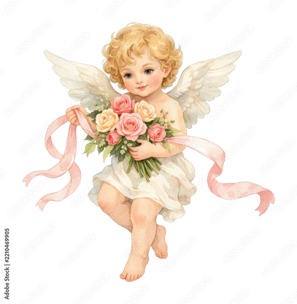 Obraz premium PNG Cherubic angel holding floral bouquet.