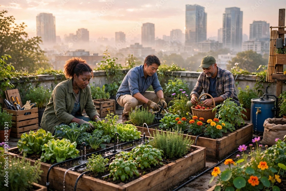 Obraz premium Urban Rooftop Community Farm at Sunrise