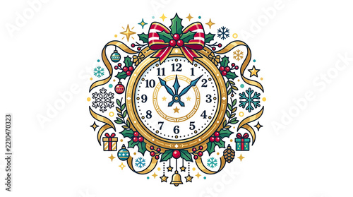 Ornate Christmas Clock Illustration with Festive Ornaments
