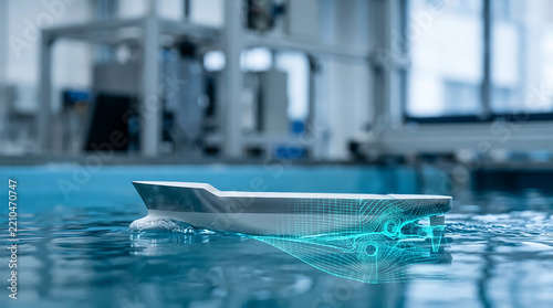 Scale Ship Hull Model in Towing Tank with 3D Hydrodynamic Wake Digital Twin Hologram