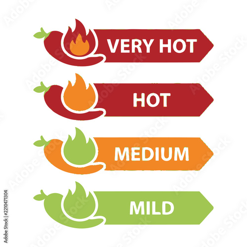 Spicy food heat level labels with chili peppers