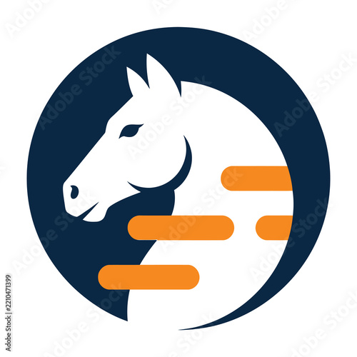 White horse head silhouette in dark blue circle with orange accents
