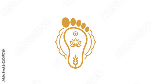 Golden Hindu goddess symbol of divine foot with lotus and wheat ears isolated on white background