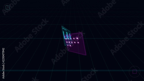 Neon Holographic Data Screens Rotating Over Dark Blue Grid Background