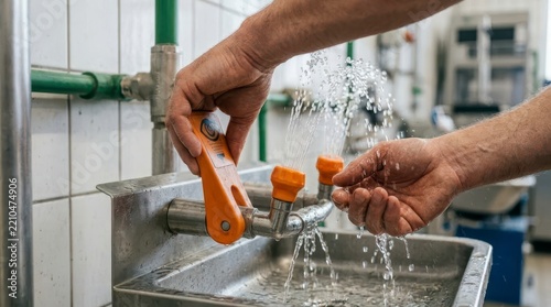 Worker Operating Eye Wash Station with Water Flowing from Faucet in Industrial Setting