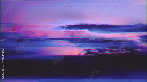 purple and magenta sunset landscape glitch overlay, retro synthwave vhs tracking distortion, corrupted digital horizon background