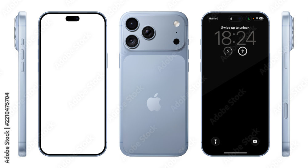 Fototapeta premium Photorealistic detailed New Apple iPhone 18 Pro Max Glacier mockup. Front, side and rear view on isolated on transparent background. Vector editorial illustration png