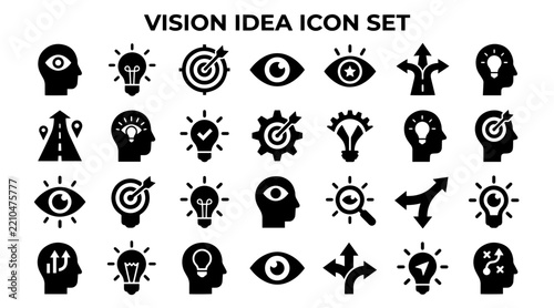 Flat black and white icon set illustrating vision and idea concepts for creative professionals