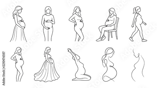 Pregnant Women Line Art Collection in Different Poses, Maternity and Pregnancy Illustrations