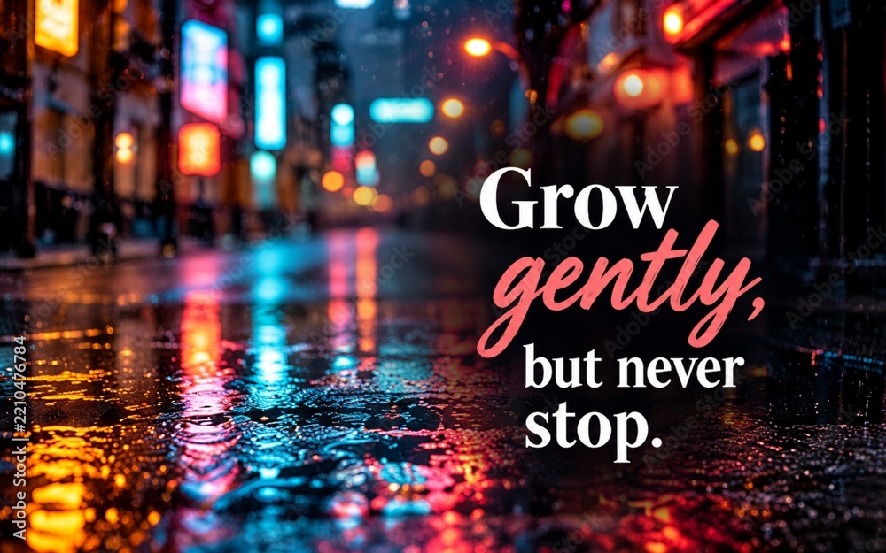 Fototapeta premium Rainy city street with colorful reflections and inspirational quote about growing gently while continuing forward.