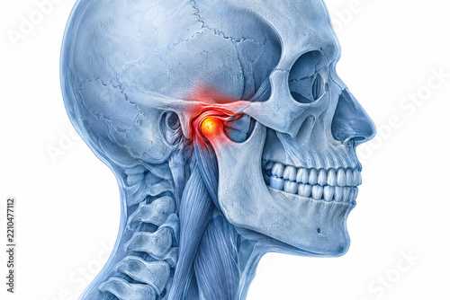 Anatomical of a human skull showing temporomandibular joint pain with a glowing red highlight on the jaw hinge area