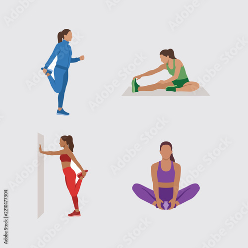 Women performing various yoga and fitness
