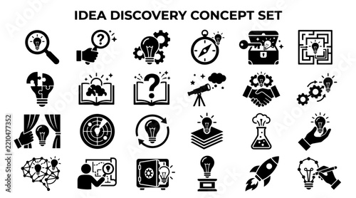 Set of black and white idea discovery and creative problem solving icons on a white background